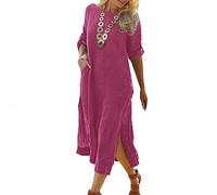 Moda Donna Plus Size Casual Vintage Camicia Lunga Vestito Manica Lunga Orlo Spaccato Vestito Lungo