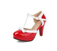 Moda Donna Tacchi Alti Piattaforma Arco Pompe Punta Rotonda Pelle Estate Scarpe Dolci（Red 1-1，38）