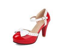 Moda Donna Tacchi Alti Piattaforma Arco Pompe Punta Rotonda Pelle Estate Scarpe Dolci（Red 2-1，38）
