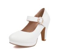 Moda Donna Tacchi Alti Piattaforma Arco Pompe Punta Rotonda Pelle Estate Scarpe Dolci（White 6-2，36）