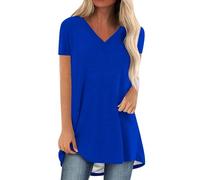 Moda donna taglie forti stampa scollo a V manica corta maglietta lunga camicetta neon polsini, Blu, XL