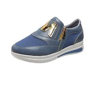 Moda donna tinta unita pannello in pelle a rete laterale cerniera spessa suola casual scarpe sportive adulto calzini da nuoto donna, Azzurro, 37 EU