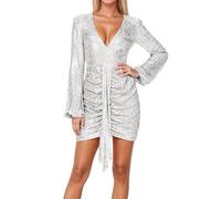 Moda Femminile Abito per Carnevale Elegante Luminoso e Reluciente Scollo a V Profondo con Cintura Abito corto di Paillettes per Donna Manica Lunga, bianco, M