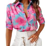 Moda Fiore di Ciliegio Stampa Polvere Camicia Donna Fiore Coreano Camicetta Elegante Primavera Polo Manica Lunga Monopetto U, Fiori Rosa Blu, S