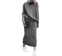 Moda inverno 2 pezzi maglia maglione di lana a coste collo alto donna set femminile elegante abiti casual gonna in tulle argento, grigio., L