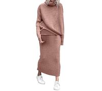 Moda inverno 2 pezzi maglia maglione di lana a coste collo alto donna set femminile elegante abiti casual gonna in tulle argento, Colore: rosa., L