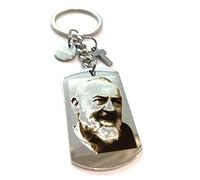 MODA MavillA PortaChiavi Padre pio Acciaio con Croce incisione a laser