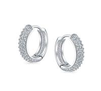 Moda Nuziale Sposa 3 Orecchini A Cerchio Huggie Senza Fine Con Tre File Di Zirconi Cubici Pave CZ Per Donne, Con Chiusura A Cerniera E Placcatura Argento, Diametro Di 0,65 Pollici