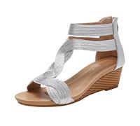 Moda Primavera Estate Donna Sandali Tacco Medio Zeppa Indietro Cerniera Punta Aperta Cinturino Alla Caviglia Tinta Unita Confortevole Piattaforma Romana, Argento, 38.5 EU