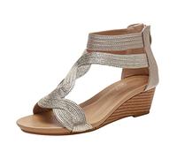 Moda Primavera Estate Donna Sandali Tacco Medio Zeppa Indietro Cerniera Punta Aperta Cinturino Alla Caviglia Tinta Unita Confortevole Piattaforma Romana, Oro, 39.5 EU