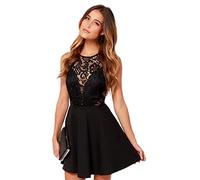 Moda Senza Maniche Floreale con Inserti di Pizzo a Schiena Nuda Chiffon Mini Corta Skater A-Line Linea Ad A Svasato Piccolo Vestitino Nero Dress Vestito Abito,S