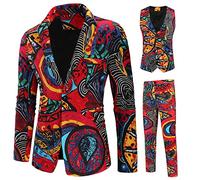 Moda Uomo Casual Tre Pezzi Vestito Stampato Retro Giacca Pantaloni Vestito Morbido Confortevole Cappotto Pant Slim Fit, Rosso, L