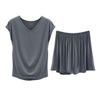 Modal Pigiama da donna corto, pigiama estivo da donna, in due pezzi, set di biancheria da notte e pantaloncini, a maniche corte, per il tempo libero, comodo, per la casa, per il jogging, grigio., XL
