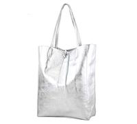 modamoda de - T163 - Ital - Borsa shopper grande con tasca interna in pelle, Argento metallizzato, Large