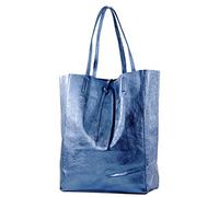 modamoda de - T163 - Ital - Borsa shopper grande con tasca interna in pelle, Blu jeans metallizzato, Large