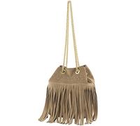 modamoda de T244 Borsa a tracolla da donna in pelle scamosciata con frange e catena in oro Made in Italy, sabbia, s