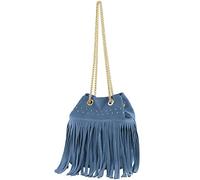 modamoda de T244 Borsa a tracolla da donna in pelle scamosciata con frange e catena in oro Made in Italy, blu jeans, s