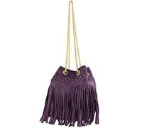 modamoda de T244 Borsa a tracolla da donna in pelle scamosciata con frange e catena in oro Made in Italy, Viola scuro, s