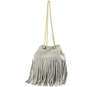 modamoda de T244 Borsa a tracolla da donna in pelle scamosciata con frange e catena in oro Made in Italy, Grigio (telegrau), s