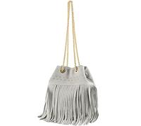 modamoda de T244 Borsa a tracolla da donna in pelle scamosciata con frange e catena in oro Made in Italy, grigio pietra, s
