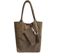 Modarno Borsa shopper da donna in vera pelle scamosciata, con custodia per gioielli dello stesso colore - Borsa a mano - Borsa a spalla (Taupe)