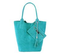 Modarno Borsa shopper da donna in vera pelle scamosciata, con custodia per gioielli dello stesso colore - Borsa a mano - Borsa a spalla (Turchese)