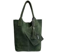 Modarno Borsa shopper da donna in vera pelle scamosciata, con custodia per gioielli dello stesso colore - Borsa a mano - Borsa a spalla (Verde Notte)