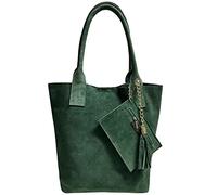 Modarno Borsa shopper da donna in vera pelle scamosciata, con custodia per gioielli dello stesso colore - Borsa a mano - Borsa a spalla (Verde scuro)