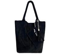 Modarno Borsa shopper da donna in vera pelle scamosciata, con custodia per gioielli dello stesso colore - Borsa a mano - Borsa a spalla (Nero)