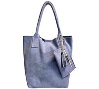 Modarno Borsa shopper da donna in vera pelle scamosciata, con custodia per gioielli dello stesso colore - Borsa a mano - Borsa a spalla (Blu Viola)