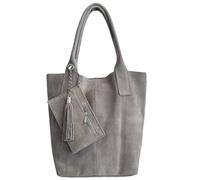 Modarno Borsa shopper da donna in vera pelle scamosciata, con custodia per gioielli dello stesso colore - Borsa a mano - Borsa a spalla (Grigio Chiaro)
