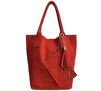 Modarno Borsa shopper da donna in vera pelle scamosciata, con custodia per gioielli dello stesso colore - Borsa a mano - Borsa a spalla (Rosso)