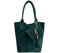 Modarno Borsa shopper da donna in vera pelle scamosciata, con custodia per gioielli dello stesso colore - Borsa a mano - Borsa a spalla (Verde Petrolio)