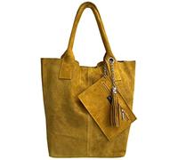 Modarno Borsa shopper da donna in vera pelle scamosciata, con custodia per gioielli dello stesso colore - Borsa a mano - Borsa a spalla (Giallo Ocra)