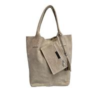 Modarno Borsa shopper da donna in vera pelle scamosciata, con custodia per gioielli dello stesso colore - Borsa a mano - Borsa a spalla (Beige)