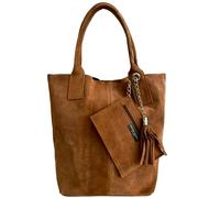 Modarno Borsa shopper da donna in vera pelle scamosciata, con custodia per gioielli dello stesso colore - Borsa a mano - Borsa a spalla (Cuoio)