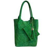 Modarno Borsa shopper da donna in vera pelle scamosciata, con custodia per gioielli dello stesso colore - Borsa a mano - Borsa a spalla (Verde Smeraldo)
