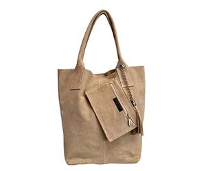 Modarno Borsa shopper da donna in vera pelle scamosciata, con custodia per gioielli dello stesso colore - Borsa a mano - Borsa a spalla (Taupe Chiaro)