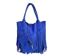 Modarno Borsa shopper da donna in vera pelle scamosciata con frangia più custodia per gioielli dello stesso colore - Borsa a mano - Borsa a spalla (Bluetto)