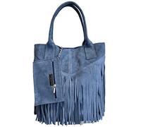 Modarno Borsa shopper da donna in vera pelle scamosciata con frangia più custodia per gioielli dello stesso colore - Borsa a mano - Borsa a spalla (Azzurro)