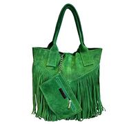 Modarno Borsa shopper da donna in vera pelle scamosciata con frangia più custodia per gioielli dello stesso colore - Borsa a mano - Borsa a spalla (Verde Smeraldo)