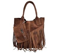 Modarno Borsa shopper da donna in vera pelle scamosciata con frangia più custodia per gioielli dello stesso colore - Borsa a mano - Borsa a spalla (Marroncino)