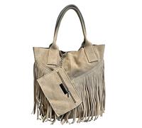 Modarno Borsa shopper da donna in vera pelle scamosciata con frangia più custodia per gioielli dello stesso colore - Borsa a mano - Borsa a spalla (Beige)