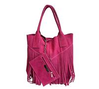 Modarno Borsa shopper da donna in vera pelle scamosciata con frangia più custodia per gioielli dello stesso colore - Borsa a mano - Borsa a spalla (Fucsia)