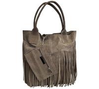 Modarno Borsa shopper da donna in vera pelle scamosciata con frangia più custodia per gioielli dello stesso colore - Borsa a mano - Borsa a spalla (Fango)