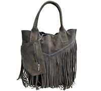 Modarno Borsa shopper da donna in vera pelle scamosciata con frangia più custodia per gioielli dello stesso colore - Borsa a mano - Borsa a spalla