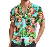 Modaworld Camicia Uomo con Stampa Foto del Viso Personalizzata | Camicia Hawaiana Floreale Estiva per Spiaggia e Feste | Poliestere Leggero, Taglie Disponibili (M-3XL)