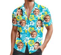 Modaworld Camicia Uomo con Stampa Foto del Viso Personalizzata | Camicia Hawaiana Floreale Estiva per Spiaggia e Feste | Poliestere Leggero, Taglie Disponibili (M-3XL)