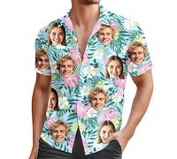 Modaworld Camicia Uomo con Stampa Foto del Viso Personalizzata | Camicia Hawaiana Floreale Estiva per Spiaggia e Feste | Poliestere Leggero, Taglie Disponibili (M-3XL)