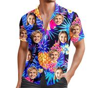 Modaworld Camicia Uomo con Stampa Foto del Viso Personalizzata | Camicia Hawaiana Floreale Estiva per Spiaggia e Feste | Poliestere Leggero, Taglie Disponibili (M-3XL)